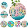Summer Beach Decor Round Wooden Door Hanger, Watercolor Welcome Sign, Hello Sunshine Indoor Outdoor Wall Hanger Please Plaque for Porch Decorative