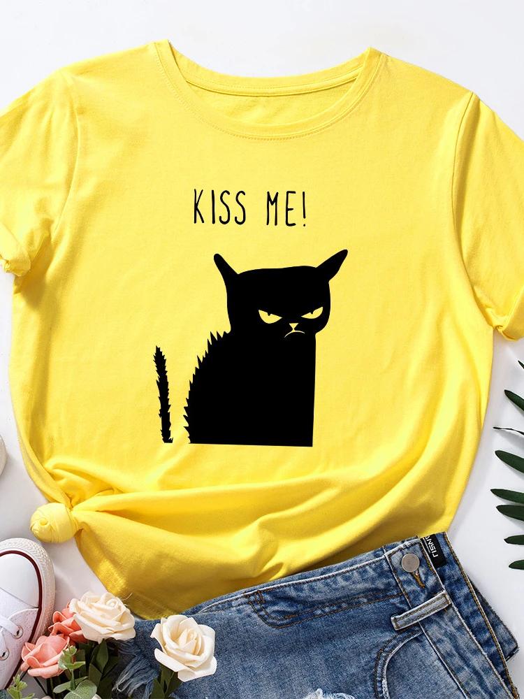 

Футболка с принтом «Черная кошка» Kiss Me, женская, с коротким рукавом и круглым вырезом, свободная, летняя, женская, повседневная, футболка, топы, Camisetas Mujer S красный