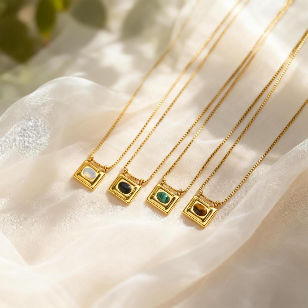 Zierliches Naturstein Opal Halskette für Damen, Edelstahl Geometrisches Quadrat Schiebe Anhänger Halskette, Minimalistisch Chic Schmuck