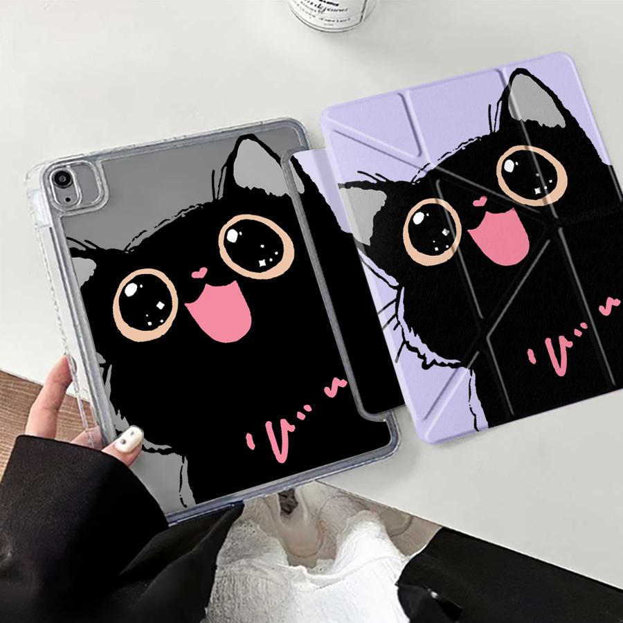 Cute Little Black Cat Y-Fold Holder Cover Tablet Case For iPad Pro 2025 Mini 6 7 Air 4 5 M3 M2 1 2 M4 11inch Pro 11th 10th 9th