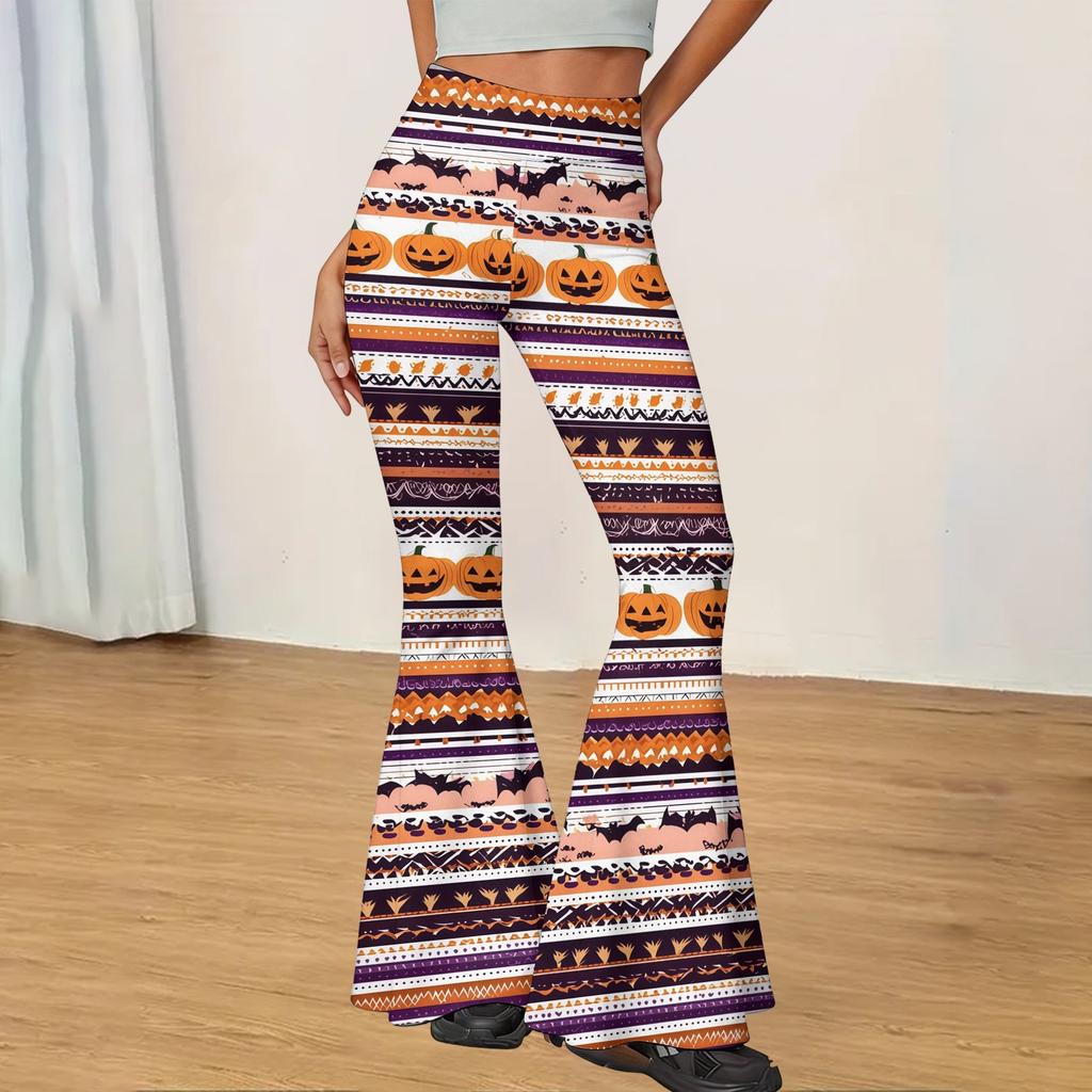 Women Casual Halloween Printed Flared Yoga Pants High Waist Stretch Bell Bottom Trousers for Fitness and Everyday Wear