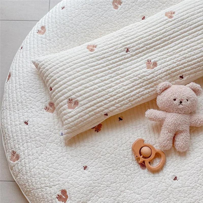 Newborn Pure Cotton Flat Pillow, Quilted with Cartoon Squirrel & Bear Embroidery, Breathable & Soft