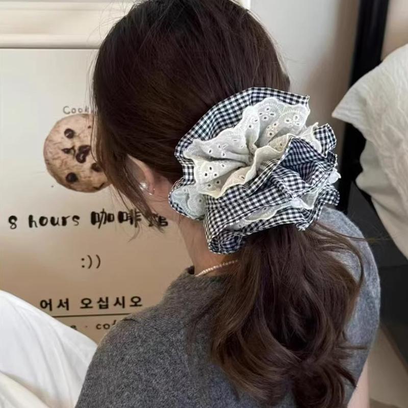 Elegant Four-layer Plaid Lace Large Intestine Scrunchie Hair Band For Women Girls Sweet Hair Tie Hair Ring Hair Accessories
