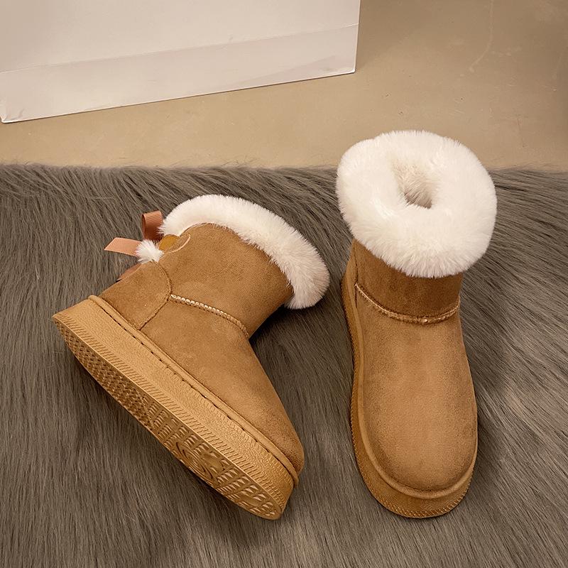 2025 Winter Thick-Soled Fleece-Lined Slip-On Snow Boots with Bow Detail - Warm Plus Size