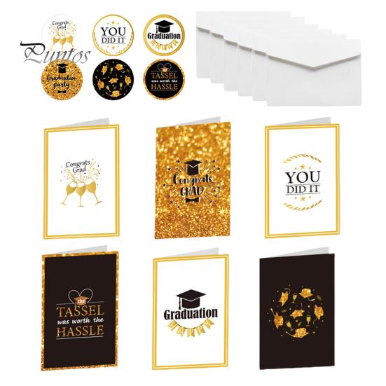 

6 шт./компл. выпускные открытки с конвертами, блестящая золотая фольга с принтом, поздравительные открытки, выпускные шапки, тематические открытки Sets