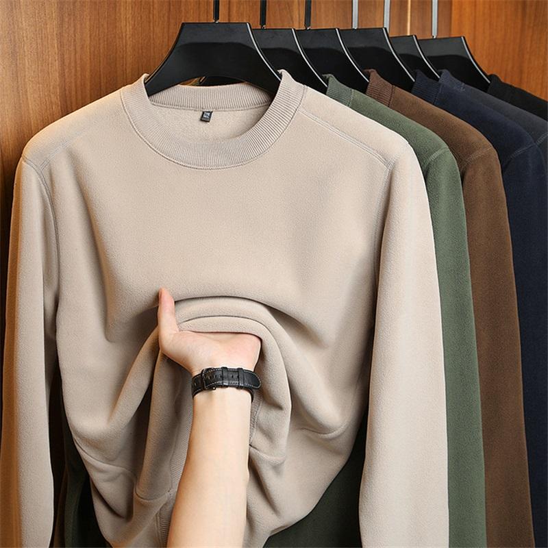 Men's Solid Color Warm Round Neck Thick Long Sleeved Base Shirt