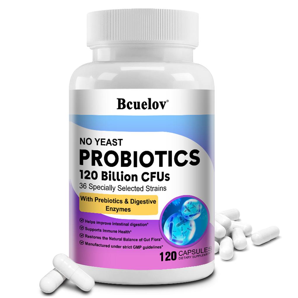 Bcuelov 120 billion probiotic composite capsules contain 36 strains of bacteria and digestive enzymes helping with intestinal digestion and absorption