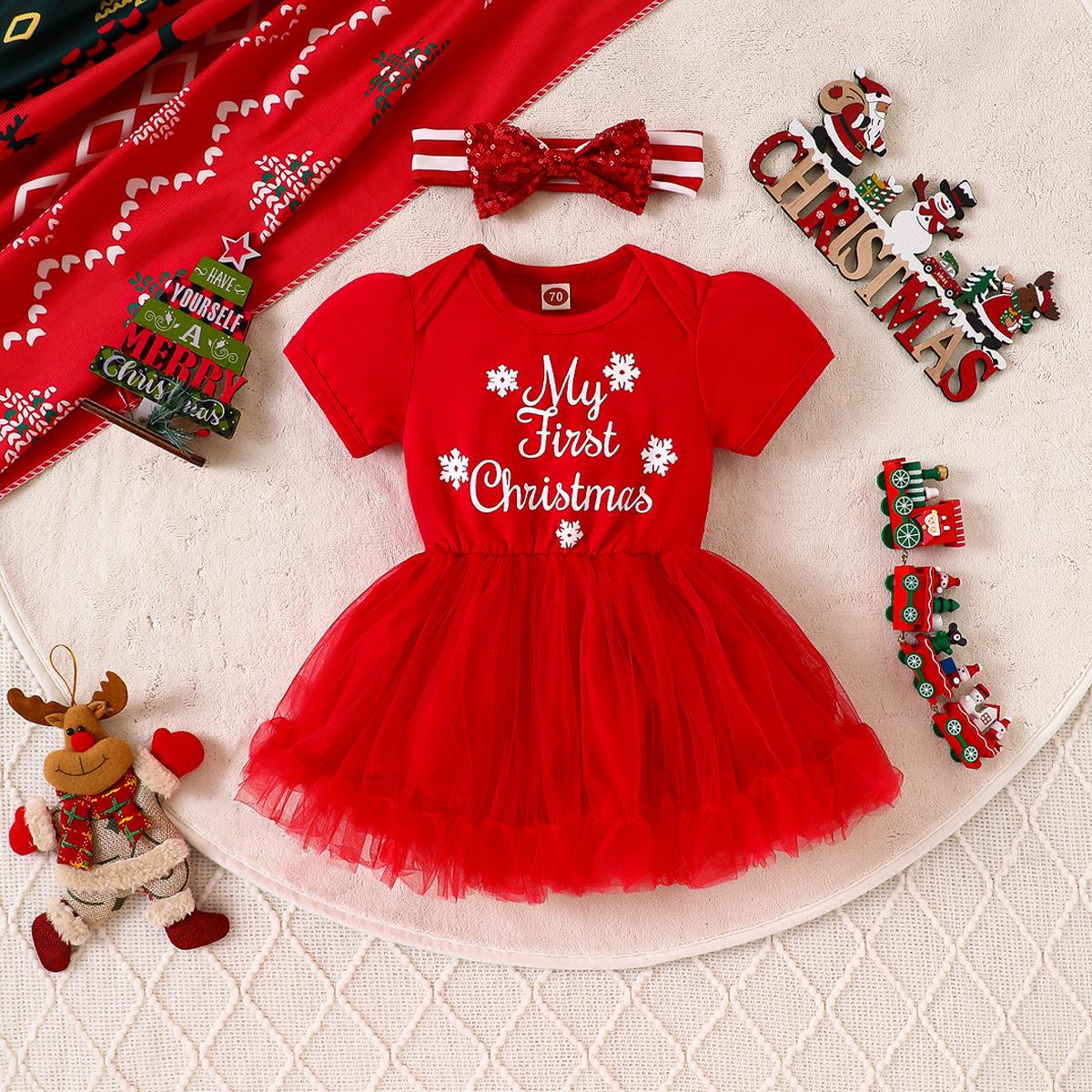 

Infant & Toddler Christmas Letter Print Mesh Dress with Bow Headband 100 cm червоний