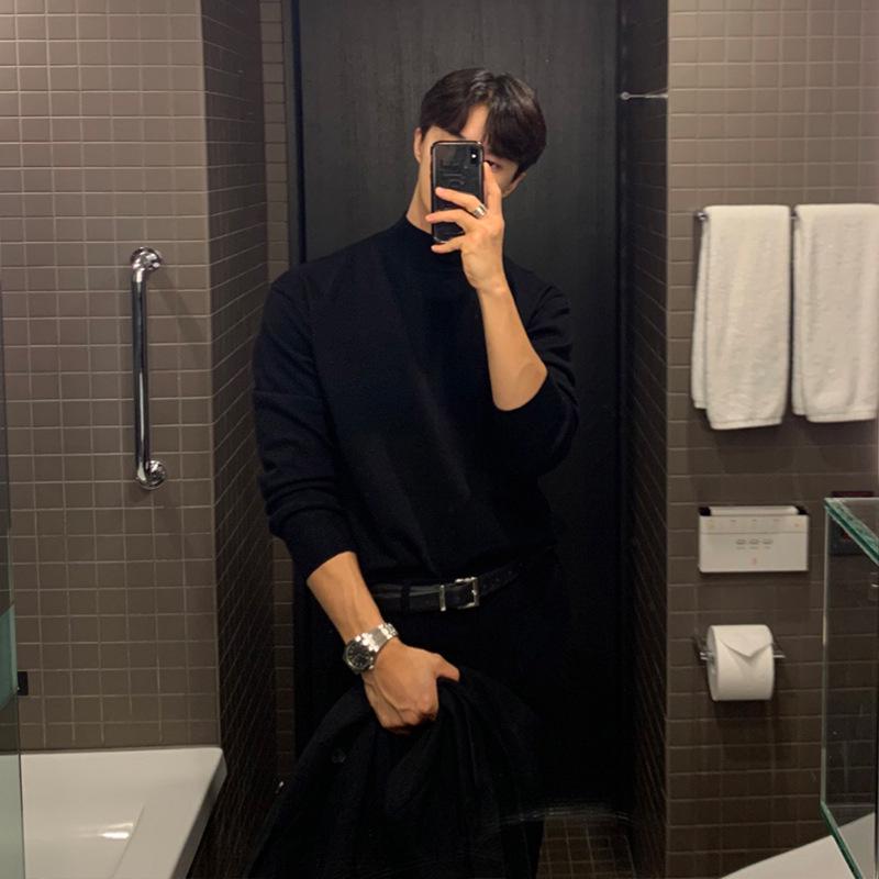 Men's Korean Style Mid-Neck Knit Sweater - Long Sleeve, Loose Fit, Solid Color, Autumn/Winter Layer