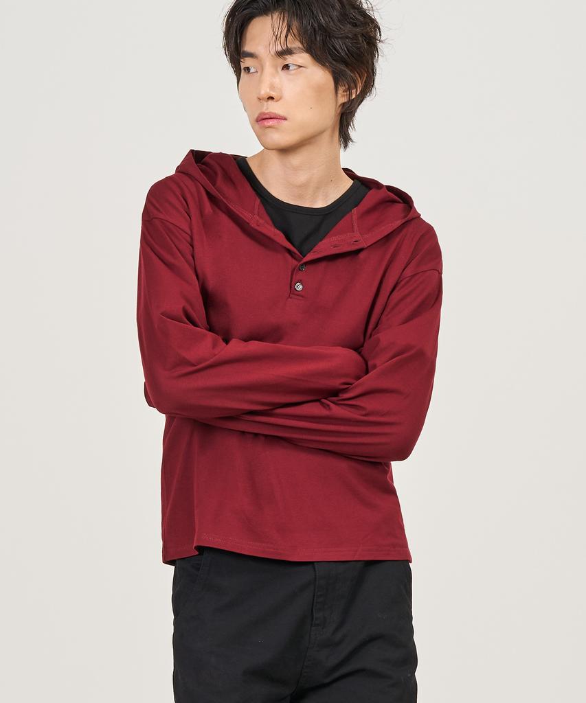 EXCONTAINER Henley Neck Hooded Long Sleeve (Burgundy)