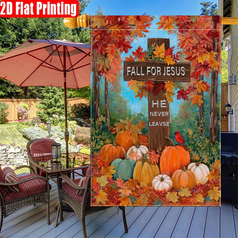 1pc Thanksgiving Fall Garden Flag Fall for Jesus Flag Double Sided Outdoor Autumn Yard Banner with Red Cardinal Cross and Pumpkins for Porch Lawn Pati