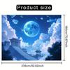 2D Mystical East Asian Background Cloth, Magical Blue Moon Over Ancient Pavilion Wall Decor