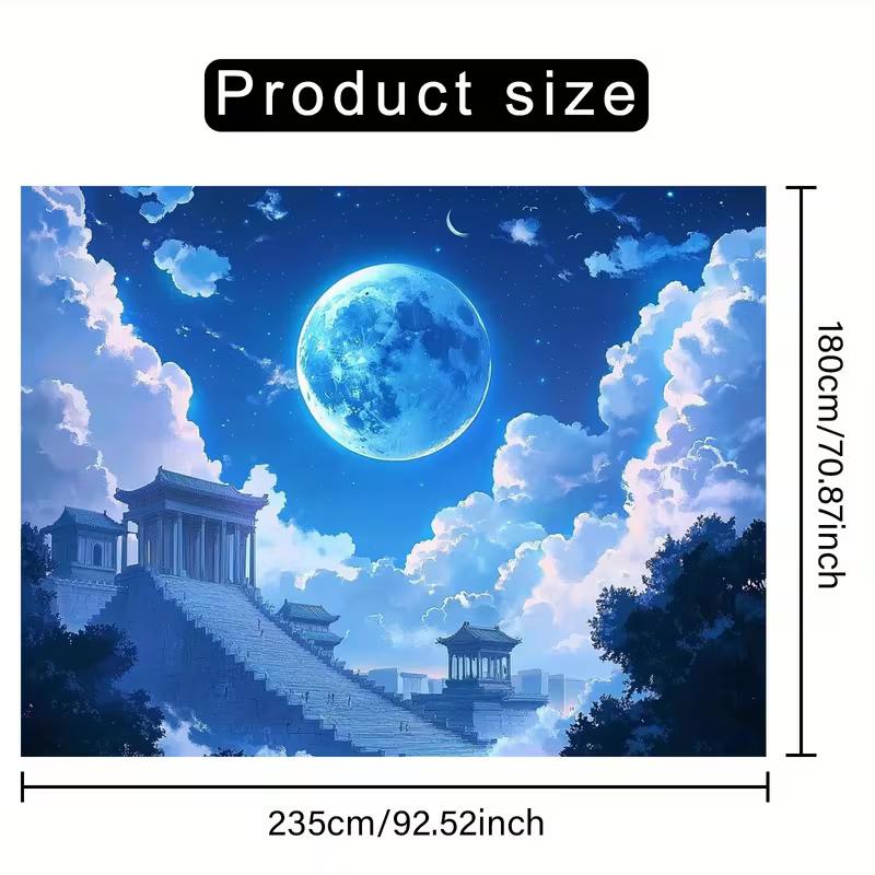 2D Mystical East Asian Background Cloth, Magical Blue Moon Over Ancient Pavilion Wall Decor
