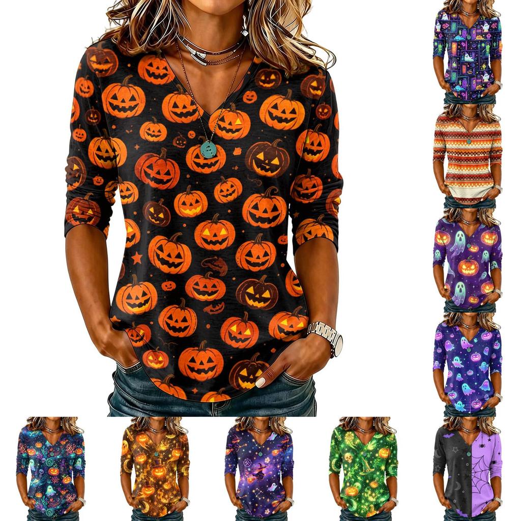 Women's Casual Halloween Print V-Neck Three-Quarter Sleeve Top for Party Wear