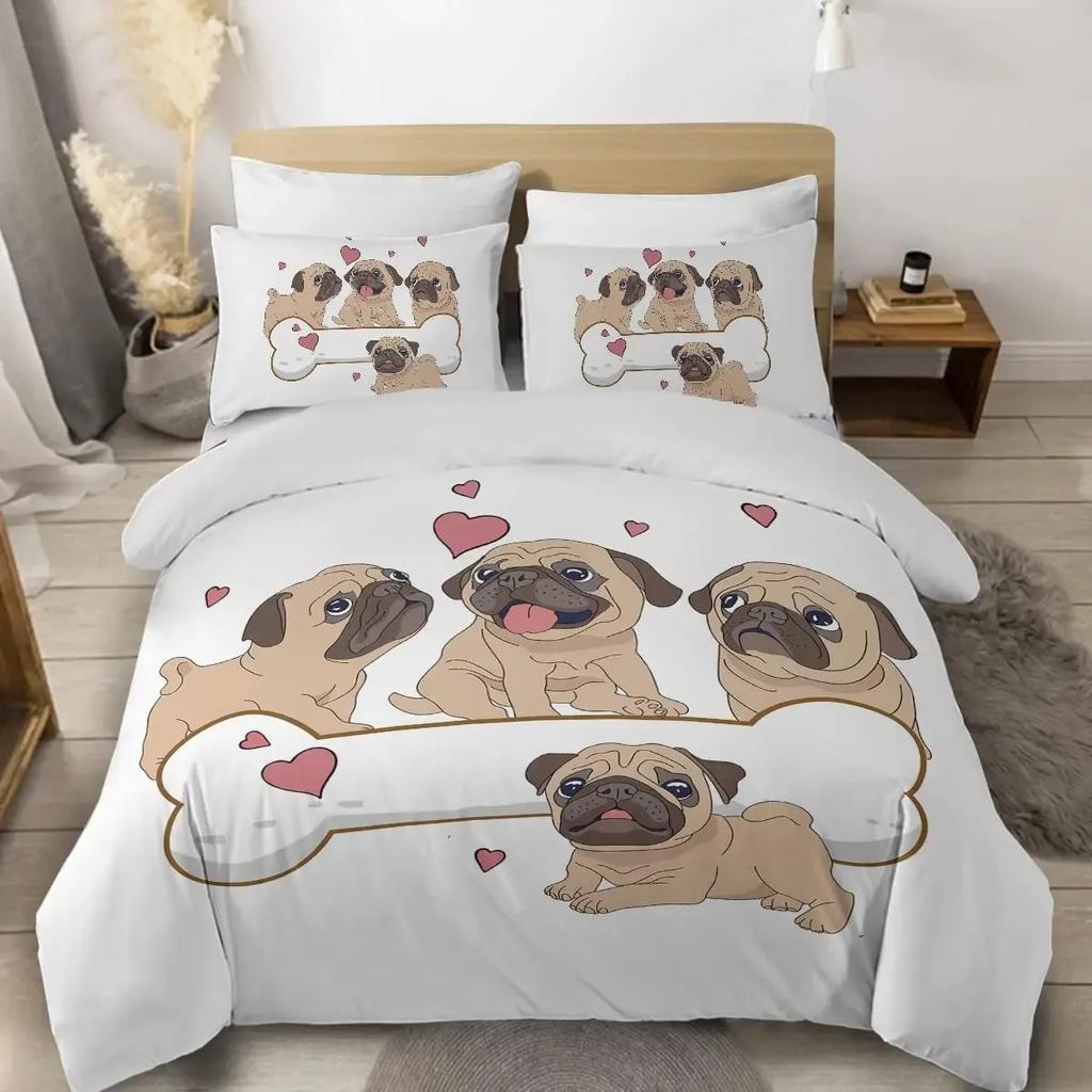 Cute Dogs Print Bedding Set Puppy Animal Duvet Cover Set Watercolor Pastel Dog Paw Comforter Cover Pug Dog Lover Bed Set