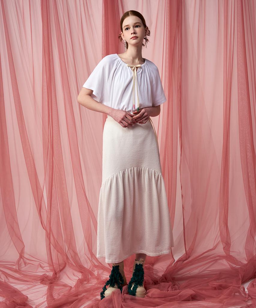 Pelimela Seersucker Flare Long Skirt (White)