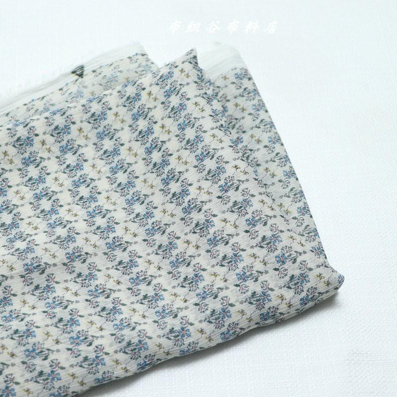 Korean Earthy Blue Floral Pleated Chiffon Fabric for Dress, Top, and Skirt