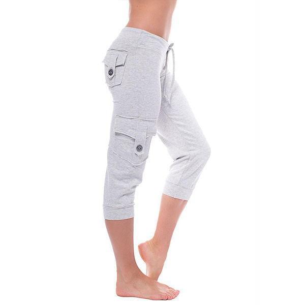 Kadın Elastik Bel Düğmeli Cepli Yoga Günlük Çok Yönlü Skinny Slim Zayıflatan Moda Çok Yönlü Yedi Nokta Pantolon