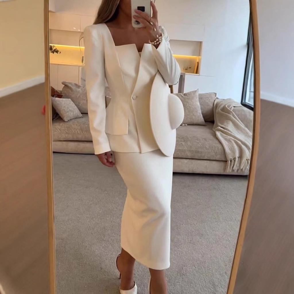 Women's Loose Skirt Suit Long Sleeve Blazer High Waist Midi Skirt Solid Office Matching Co-ord Set
