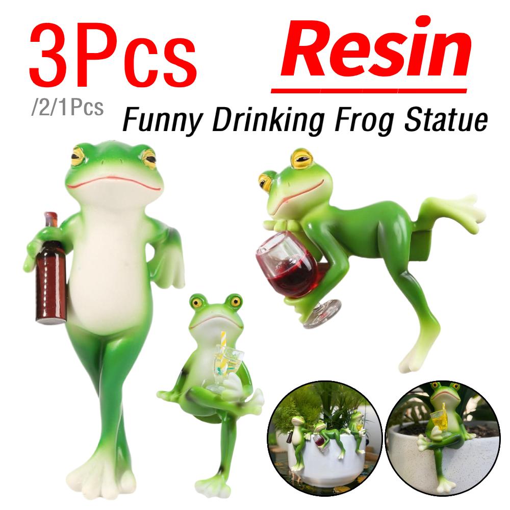 1/2Pcs Funny Drinking Frog Statue Planter Hugger Resin Hanging Frog Figurine Miniature Frog Figurine for Flower Yard Lawn Gifts