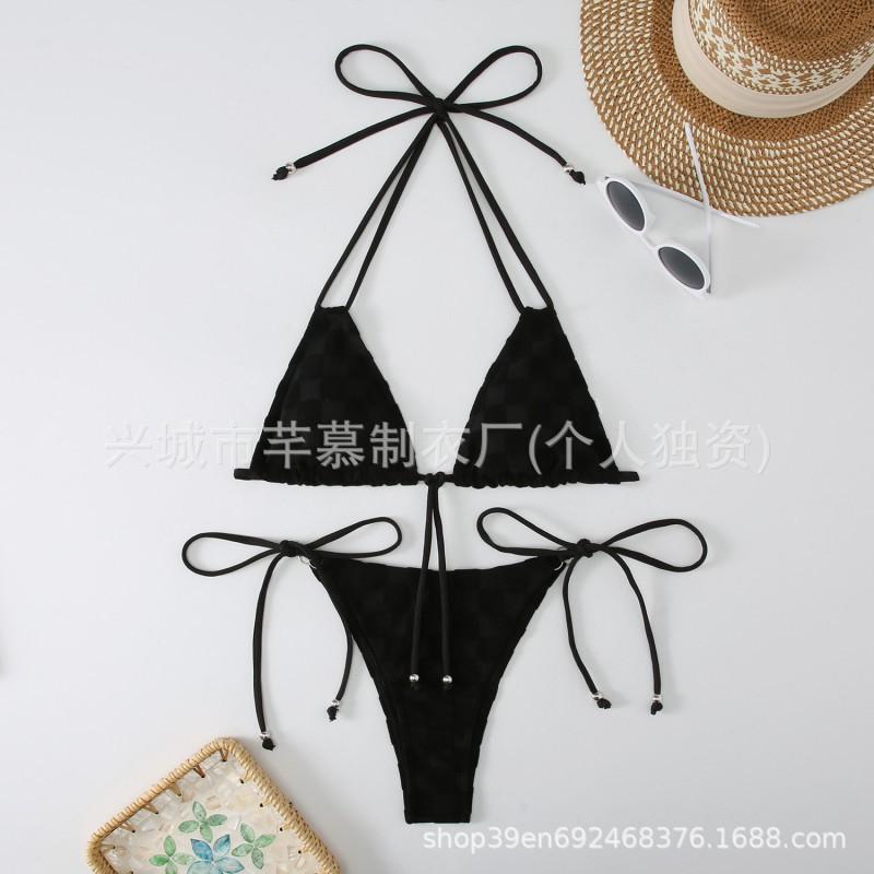 Split Bikini Swimsuit Female Style Hanging Neck Strap Tight Back Solid Color Women's
