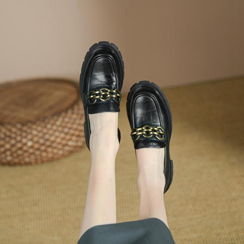 Fashion /Autumn Women Shoes Platform Shoes Women Round Toe Chunky Heel Shoes Women Loafers Leather Shoes Plaid Metal Pumps