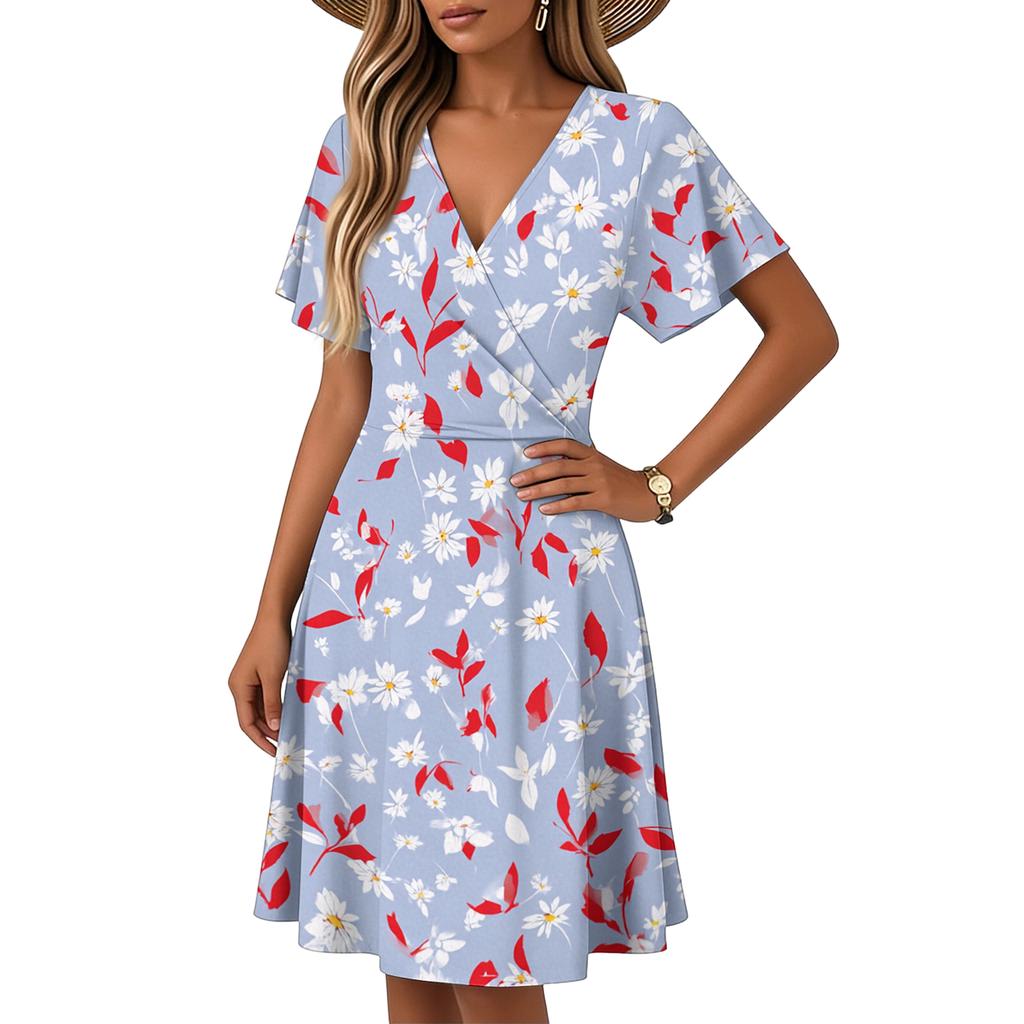 Women's Horn Sleeve Short Sleeve Casual Dress Plant Floral Print V-Neck Dress