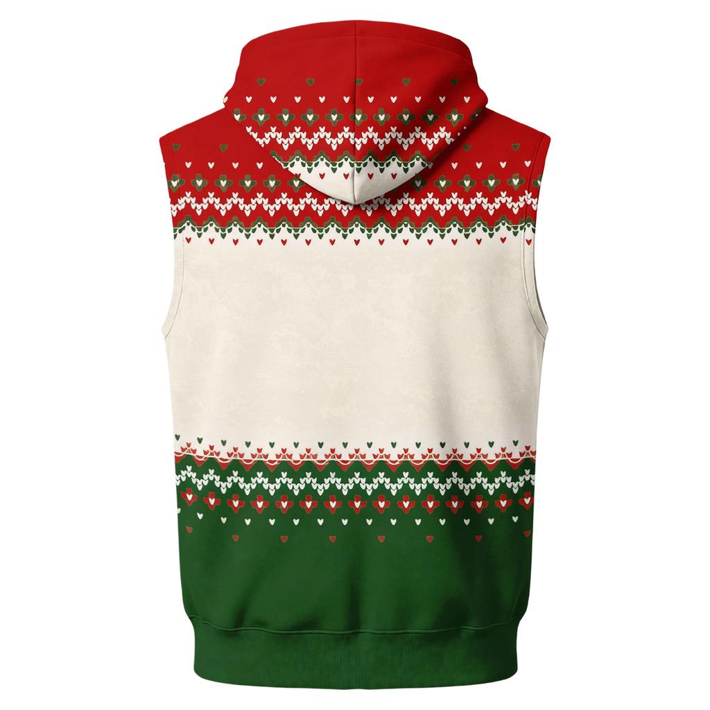 Men's Hooded Sleeveless Zip Up Vest with Christmas Print Casual Holiday Celebration Outfit
