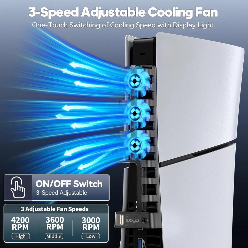 Cooling Fan for Sony Playstation 5 Slim Disc & Digital Console 3-Level Fan PS5 Slim Blue Ambient Light Efficient Cooler