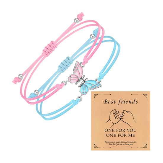 2Pcs/Set Couple Bracelet Adjustable Wax Rope Butterflies Pendant Friendship Love Bracelet with Blessing Card Bestie Matching Jewelry