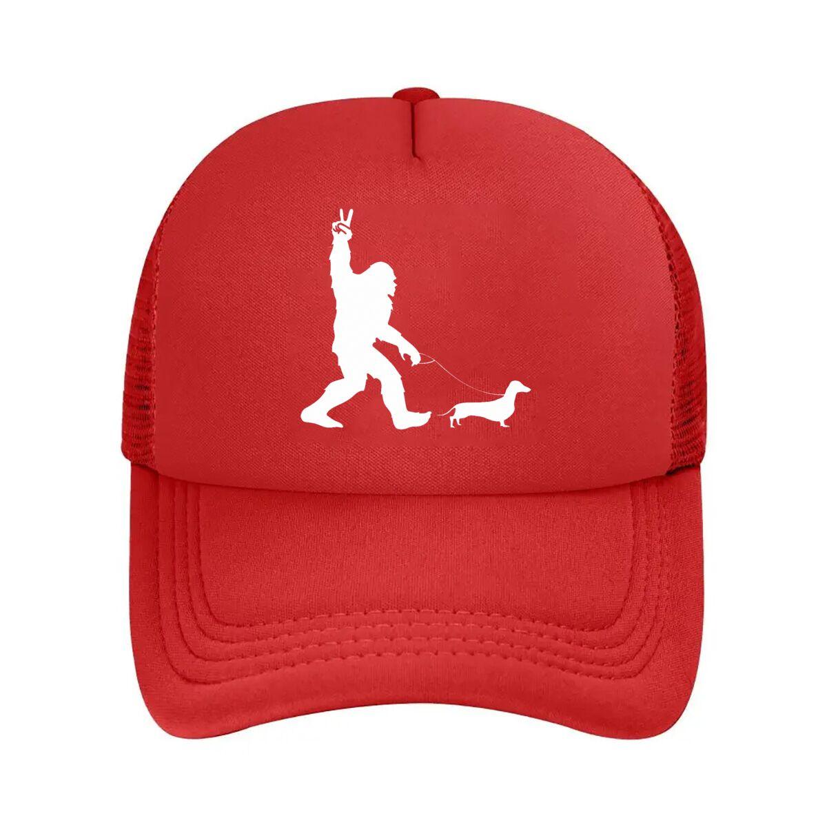 Bigfoot Walking Dachshund Vinyl Sticker Mesh Baseball Cap Hip Hop Adjustable