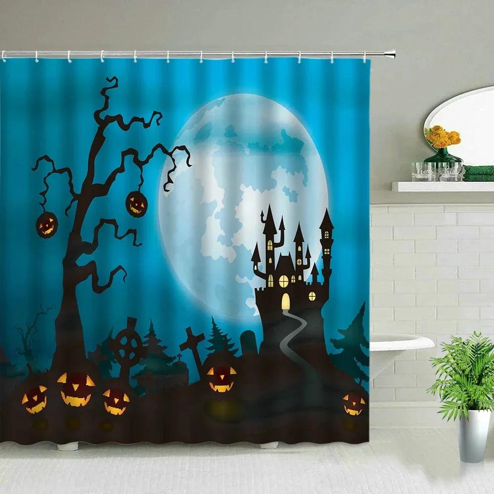 

Halloween Shower Curtains Fabric Cartoon Wizard Pumpkin Bat Dark Castle Polyester Bath Curtain Bathroom W60H190(CM)-1 Pcs