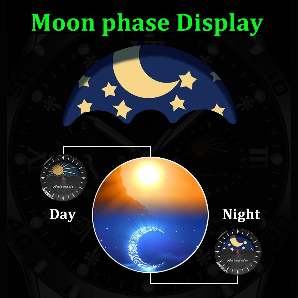 Men' s Watches Fashion Automatic Self- winding Mechanical Watch for Man Sapphire Mirror Moon Phase