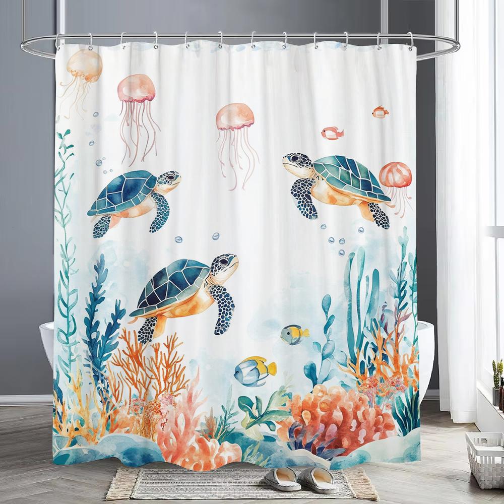 Marineland Sea Turtle Fun Shower Curtain For Beach Theme Bathroom Decorative Shower Curtain, Waterproof Shower Curtain With Hook