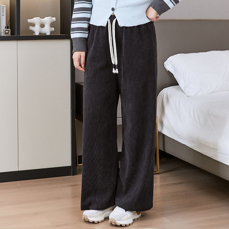 Pants for Women Plus Size Thickened Stretchy Elastic High Waist Long Trousers Solid Colour Fleece Casual Wide Leg Pants