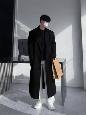 Men's Black Mid-Length Woolen Trench Coat – Autumn/Winter Loose Fit, Thickened Korean Style.