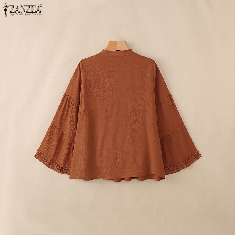 ZANZEA Women Casual Stand Collar Bell Sleeve Loose Blouse