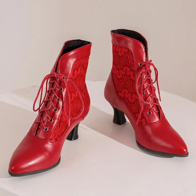 Women Victorian Ankle Boots Leather Lace Heel Shoes for Women  Fashion Lace Up Spliced Ladies High Heels Woman Boots Ankle 46