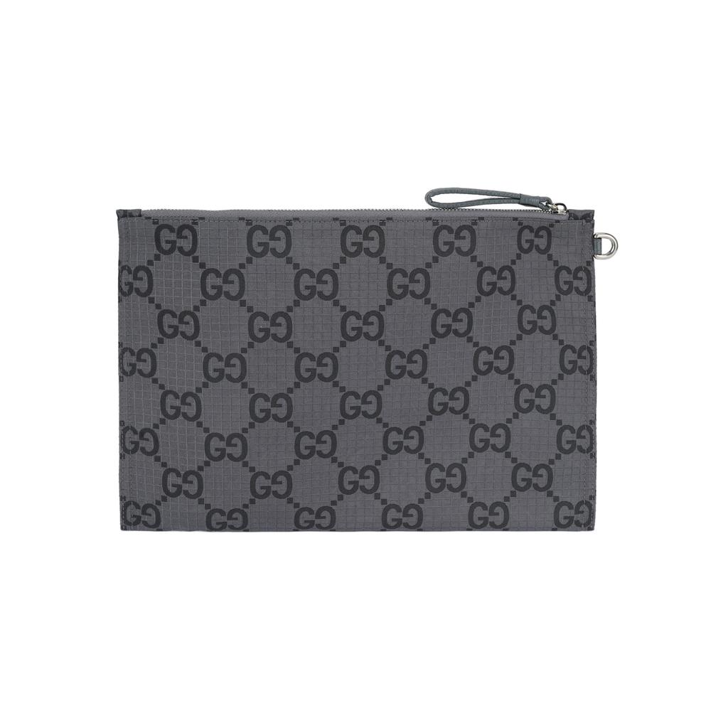 Gucci GG Monogram Gray Canvas Leather Trim Zip Pouch Wristlet Clutch Bag For Daily Use & Travel
