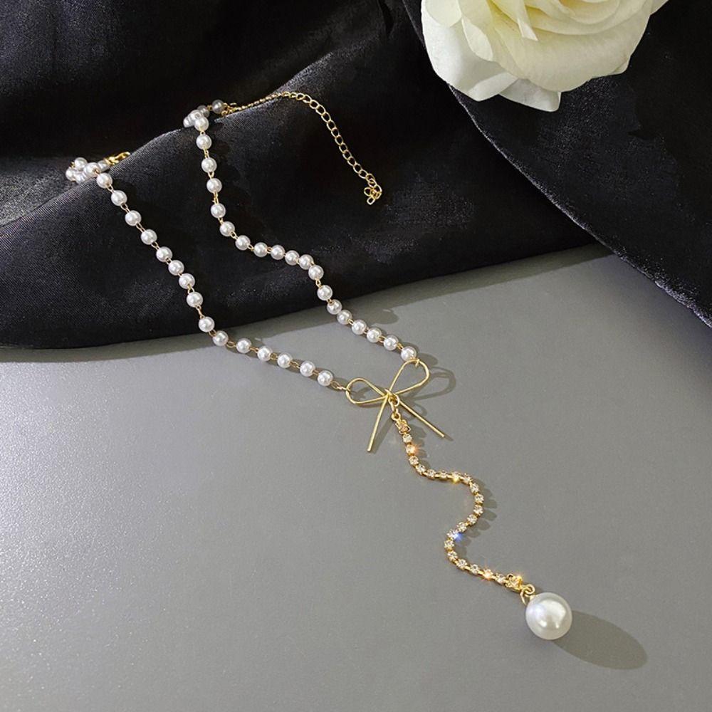 Light Luxury Bow Knot Pearl Pendant Necklace Fashion Pearl Pendant Necklace  Women