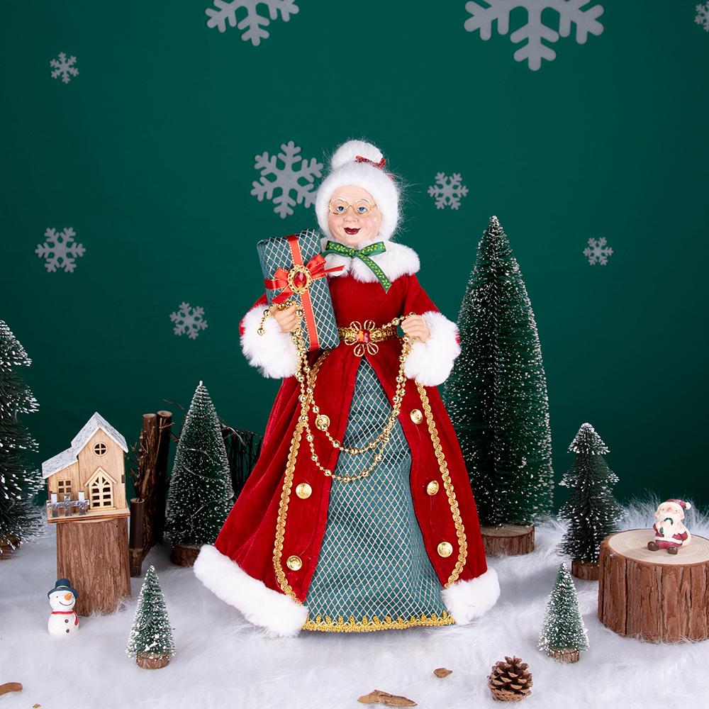 Statua di Mrs Claus in Piedi da 45 cm con Scatola Regalo, Ornamento Nonna di Natale con Vestito di Velluto Rosso