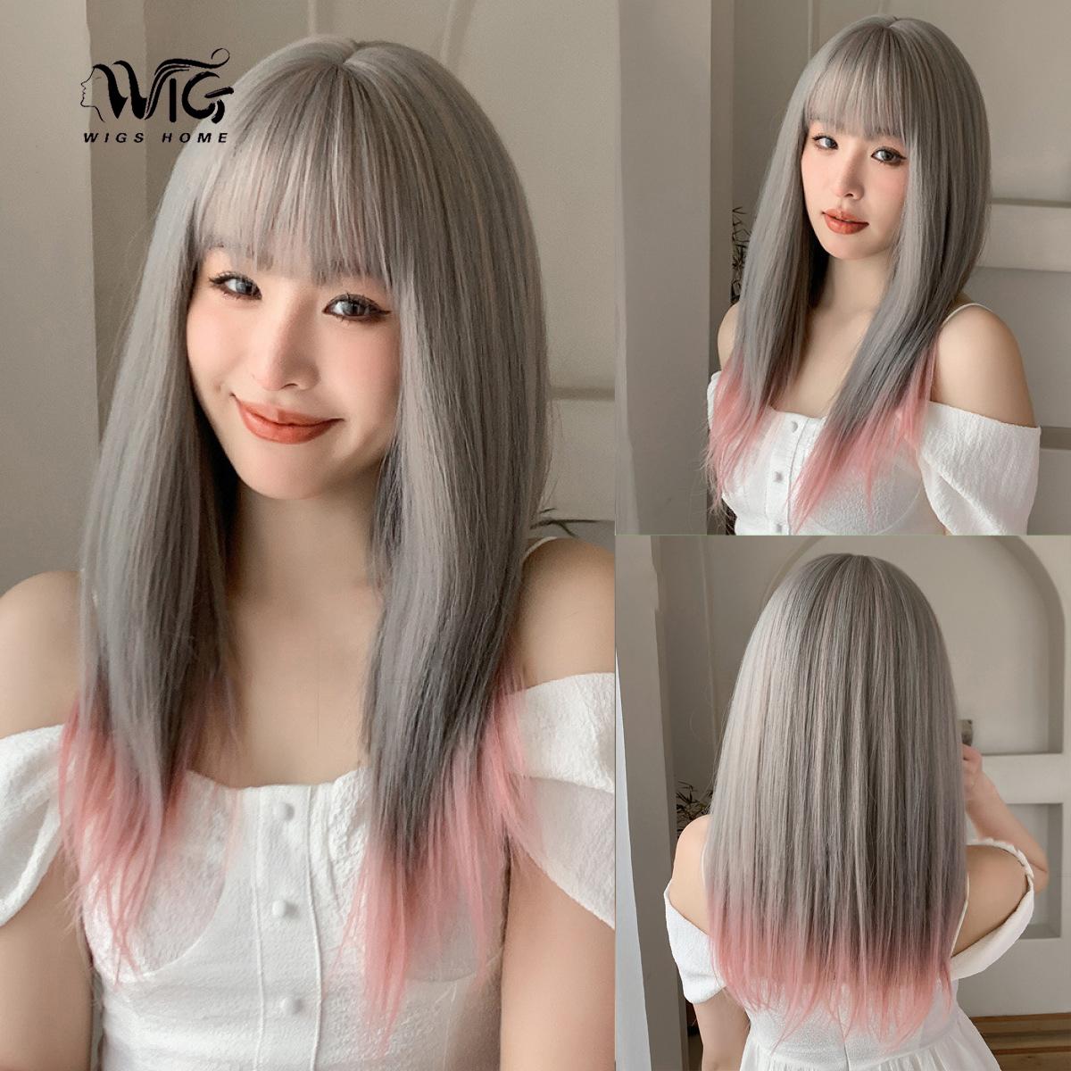 

Женский искусственный парик, 62 см, серо-розовый парик, длинный прямой парик, полное покрытие головы, розовая сетка для волос, головные уборы, украшение для красоты, парик