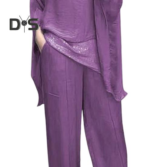 Abito casual da donna con giunture Top Pantaloni a gamba larga Abito ampio per casa Festa Ufficio Girocollo Manica a pipistrello Abito da pendolarismo