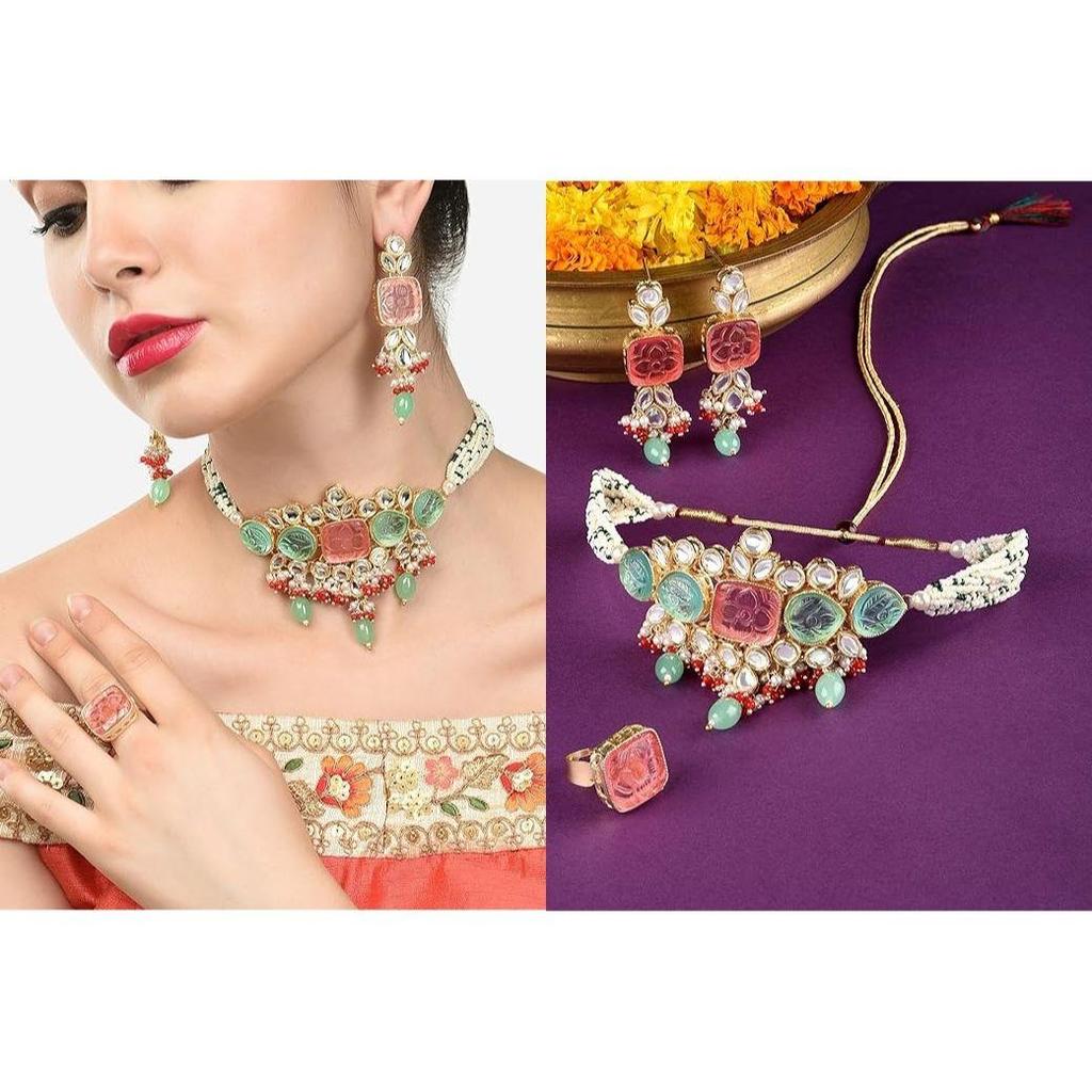 Mehrfarbige Steine und Perlen, mehrreihiges Kundan-Choker-Halsketten-Ohrring- und Ring-Set für Frauen