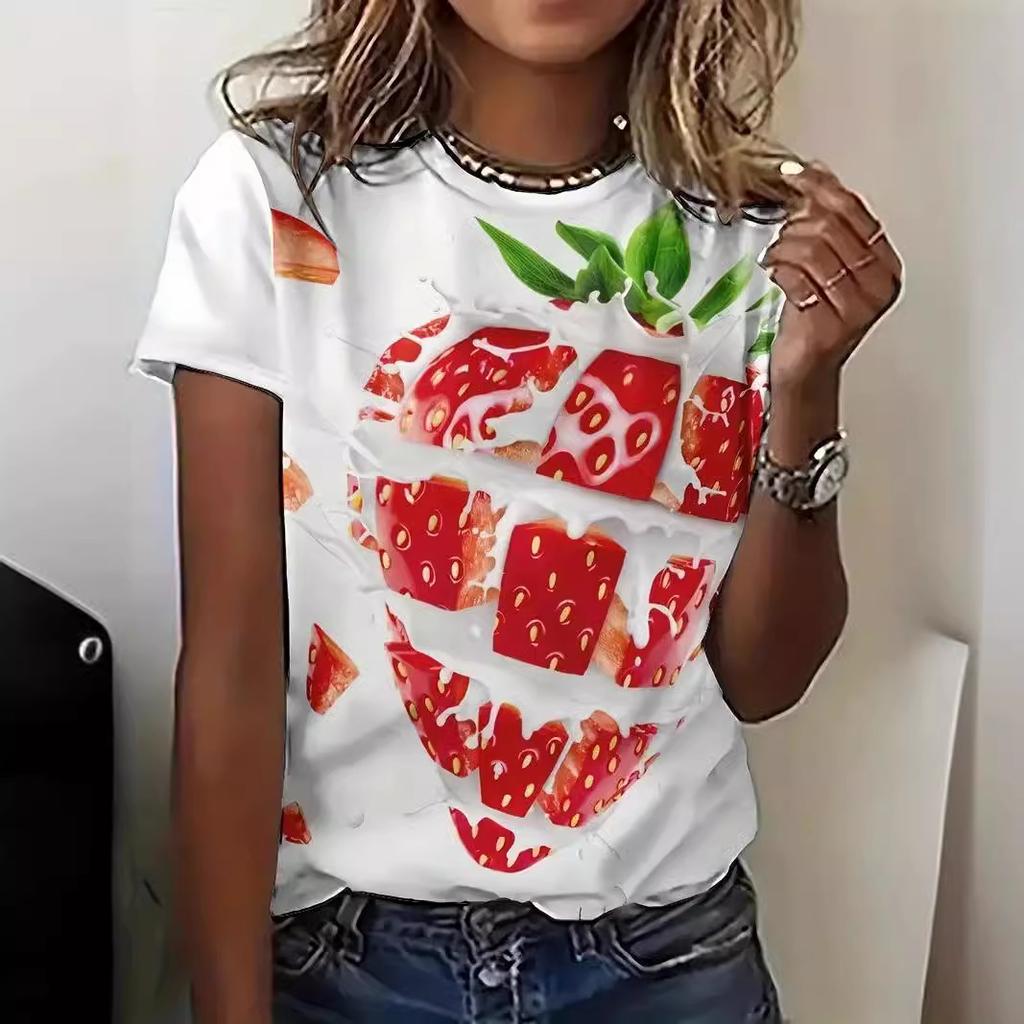 Summer Round Neck Fruit Juice Beverage Printed Top Fashionable Casual Short Sleeved Women's T-shirts