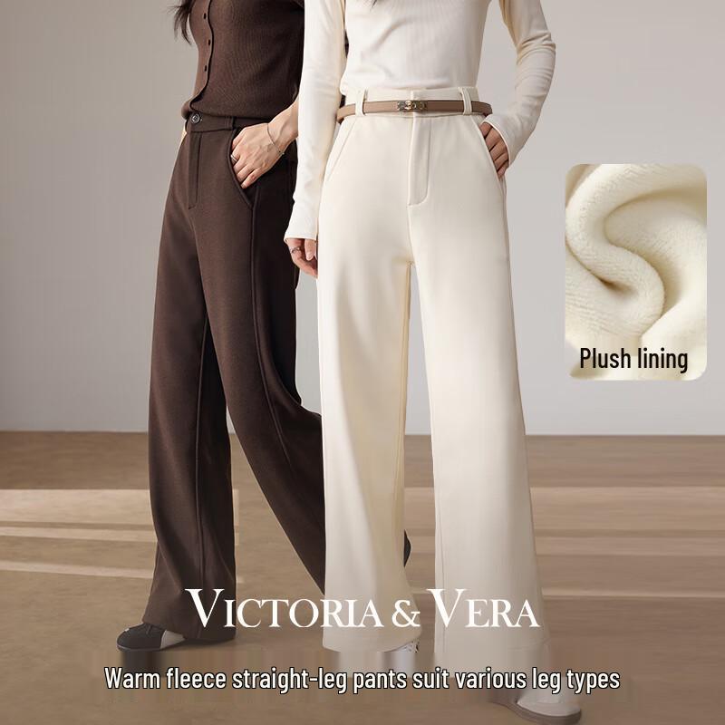 VICTORIA&VERA Women's Fleece-Lined High-Waisted Straight-Leg Casual Pants V9018K06