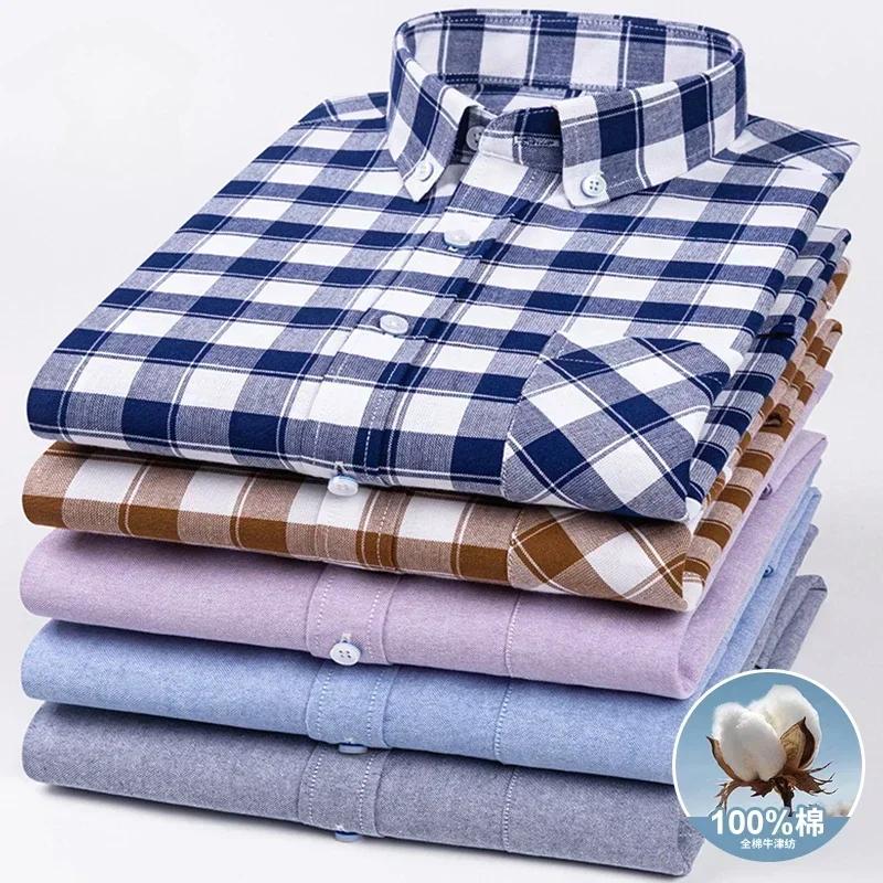 Spring and Autumn Men's Pure Cotton Long Sleeved Shirts for Middle and Youth Leisure All Cotton Oxford Plaid Plus Size Shirts