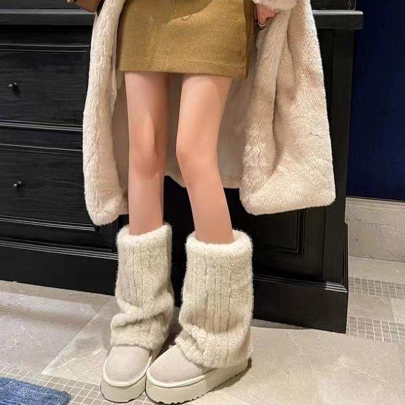 Women Vintage Ribbed Plush Leg Warmer Aesthetic Fuzzy Thickened Boot Gaiters Cuffs Solid Color Leg Covers Long Socks