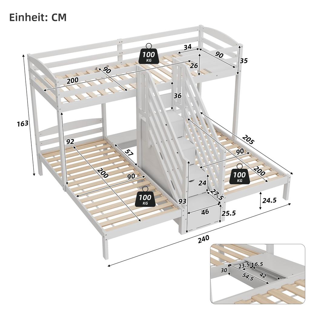 Etagenbett 90x200 3 Kinder EN 747 Zertifiziert Hochbett Holzbett Stauraumtreppe Jugendbett 3 Betten Lattenrost Weiß