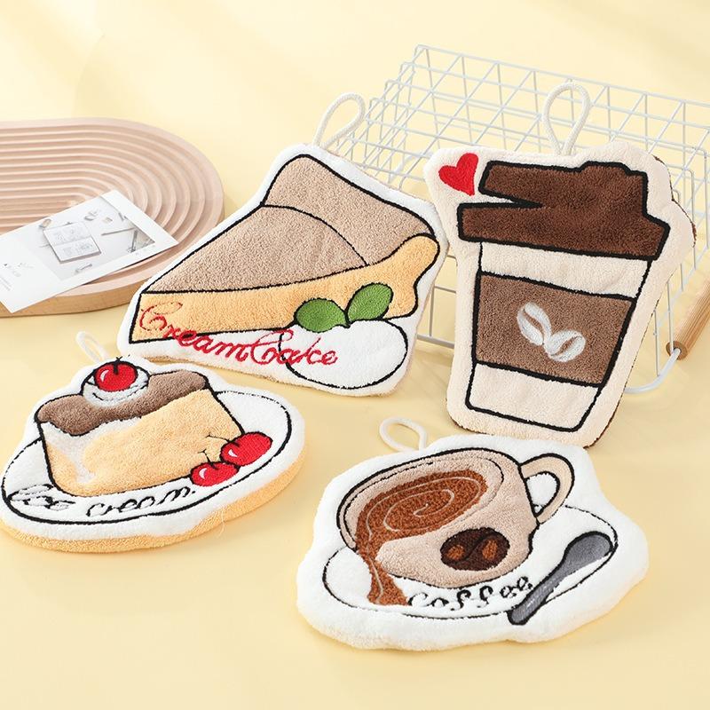 Cartoon Cute Coffee Cake Shape Hanging Towels Absorbent Hand Cloth Soft Quick Drying For Kitchen Bathroom Household Hand Towel